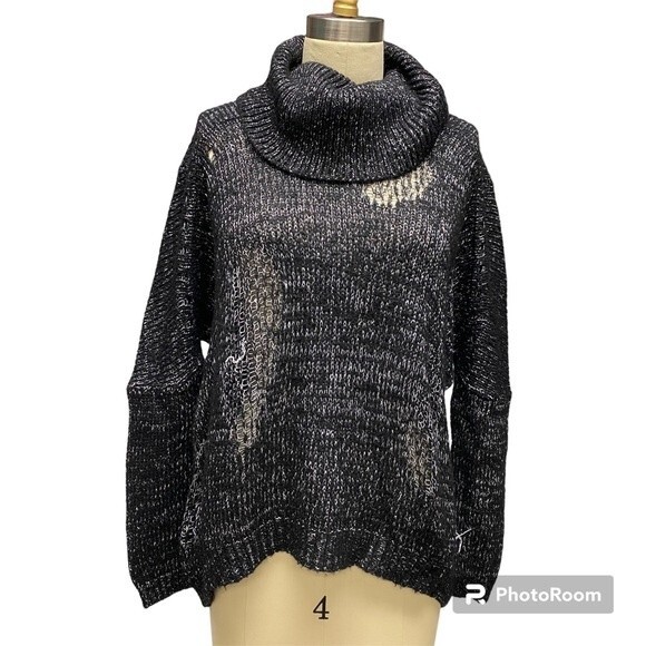 BCBG MaxAzria Cowl Neck Long Sleeve Slouchy Fit Distressed Knit Black Sweater S - Picture 1 of 14